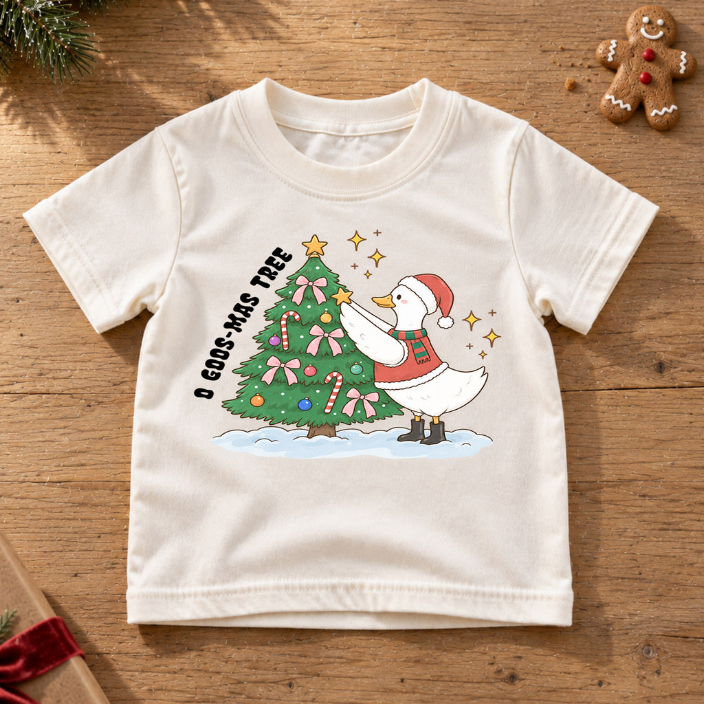 O Goose-Mas Tree Shirt, Funny Christmas Duck Tree Decorating T-Shirt, Cute Holiday Toddler Tee, Whimsical Xmas Graphic Top, Winter Kid Gift — product view 6