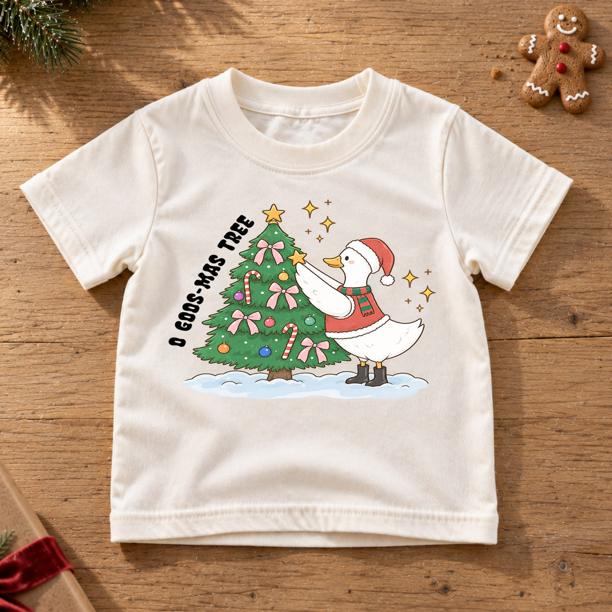O Goose-Mas Tree Shirt, Funny Christmas Duck Tree Decorating T-Shirt, Cute Holiday Toddler Tee, Whimsical Xmas Graphic Top, Winter Kid Gift — product view 6