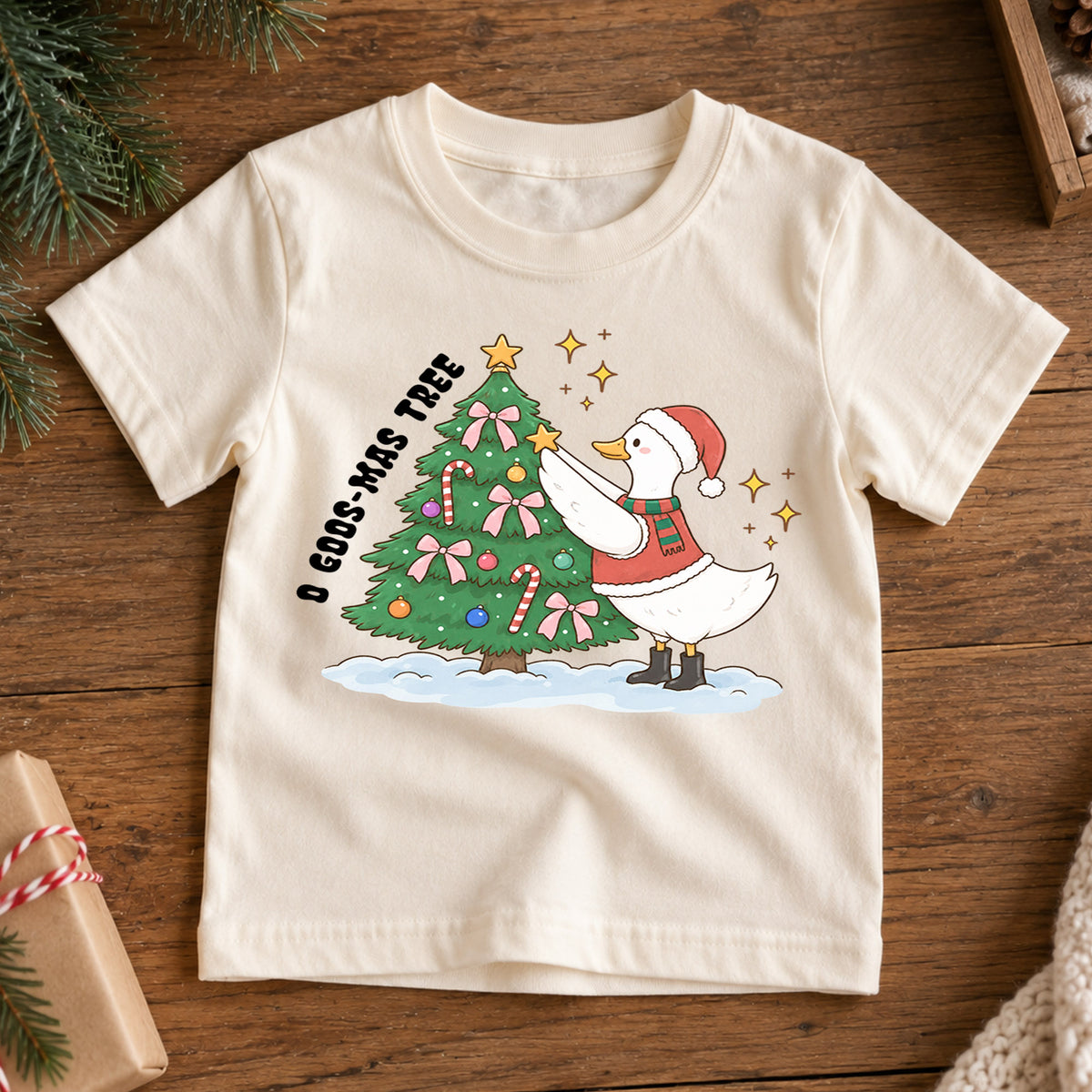 O Goose-Mas Tree Shirt, Funny Christmas Duck Tree Decorating T-Shirt, Cute Holiday Toddler Tee, Whimsical Xmas Graphic Top, Winter Kid Gift — product view 7