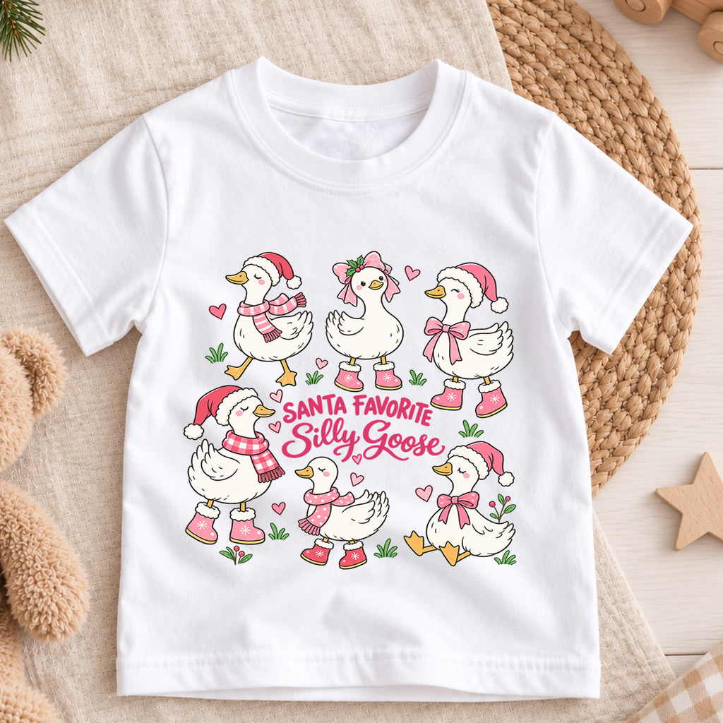 Santa Favorite Silly Goose Shirt, Cute Pink Ducks Christmas T-Shirt, Sweet Holiday Toddler Tee, Coquette Christmas Ducks Top, Girls Xmas Gift — product view 3