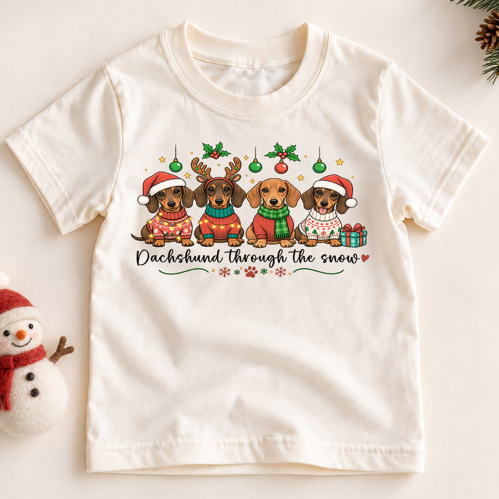 Dachshund Through The Snow Shirt, Cute Wiener Dogs Kids T-Shirt, Sausage Dogs In Christmas Sweaters Toddler Tee, Holiday Dog Lover Xmas Gift — product view 2