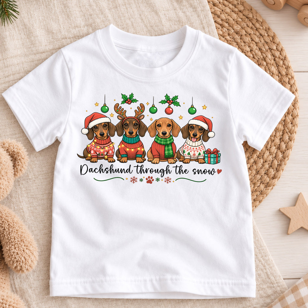 Dachshund Through The Snow Shirt, Cute Wiener Dogs Kids T-Shirt, Sausage Dogs In Christmas Sweaters Toddler Tee, Holiday Dog Lover Xmas Gift — product view 3