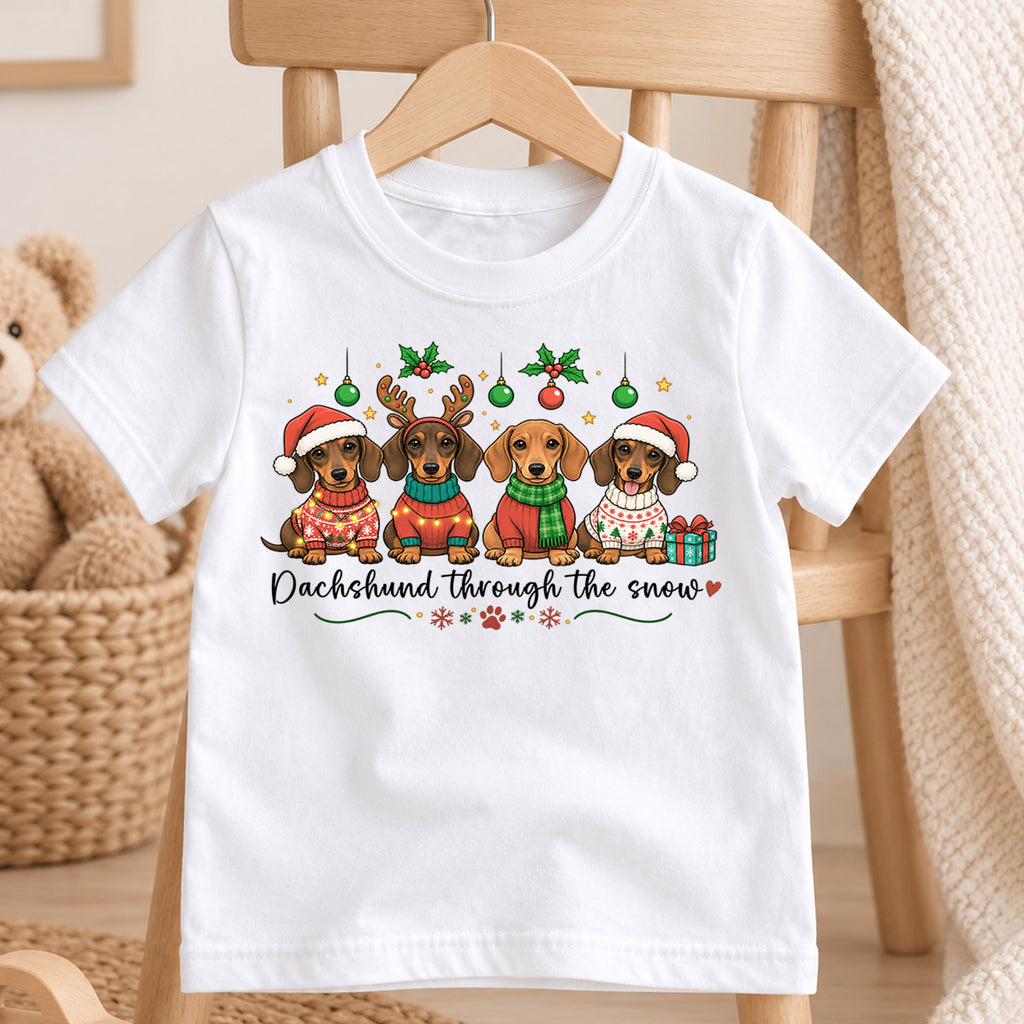 Dachshund Through The Snow Shirt, Cute Wiener Dogs Kids T-Shirt, Sausage Dogs In Christmas Sweaters Toddler Tee, Holiday Dog Lover Xmas Gift — product view 4