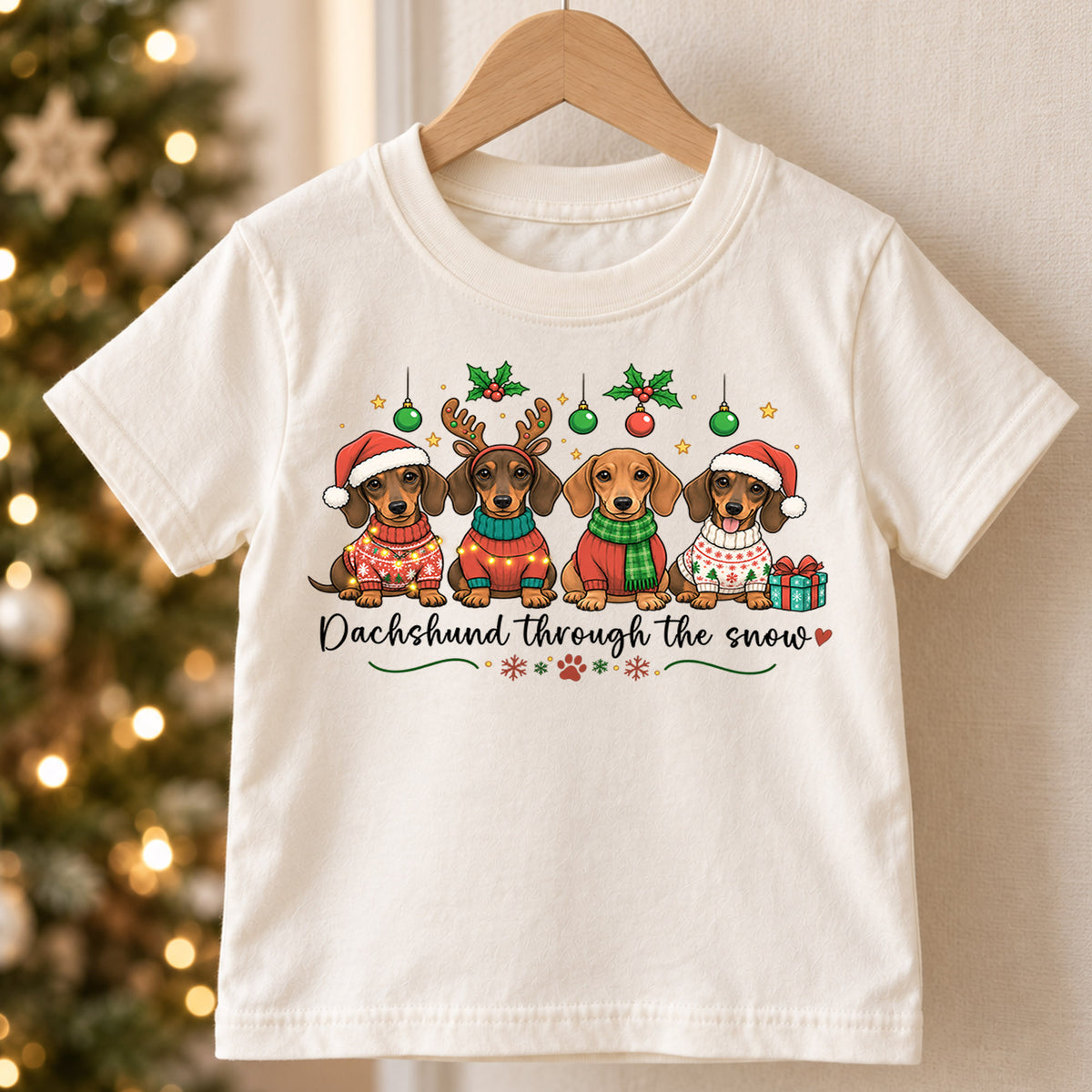 Dachshund Through The Snow Shirt, Cute Wiener Dogs Kids T-Shirt, Sausage Dogs In Christmas Sweaters Toddler Tee, Holiday Dog Lover Xmas Gift — product view 5