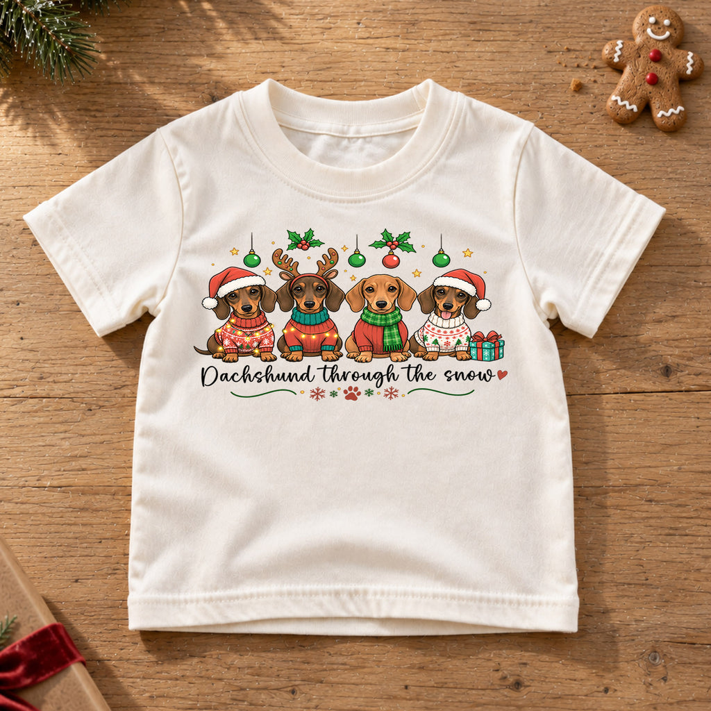 Dachshund Through The Snow Shirt, Cute Wiener Dogs Kids T-Shirt, Sausage Dogs In Christmas Sweaters Toddler Tee, Holiday Dog Lover Xmas Gift — product view 6