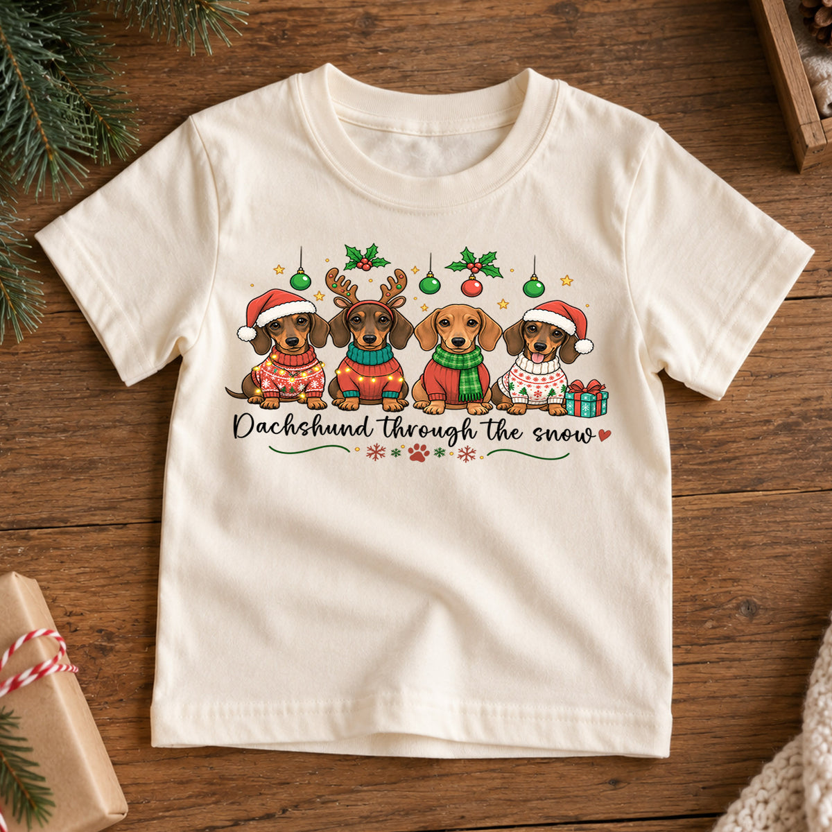 Dachshund Through The Snow Shirt, Cute Wiener Dogs Kids T-Shirt, Sausage Dogs In Christmas Sweaters Toddler Tee, Holiday Dog Lover Xmas Gift — product view 7