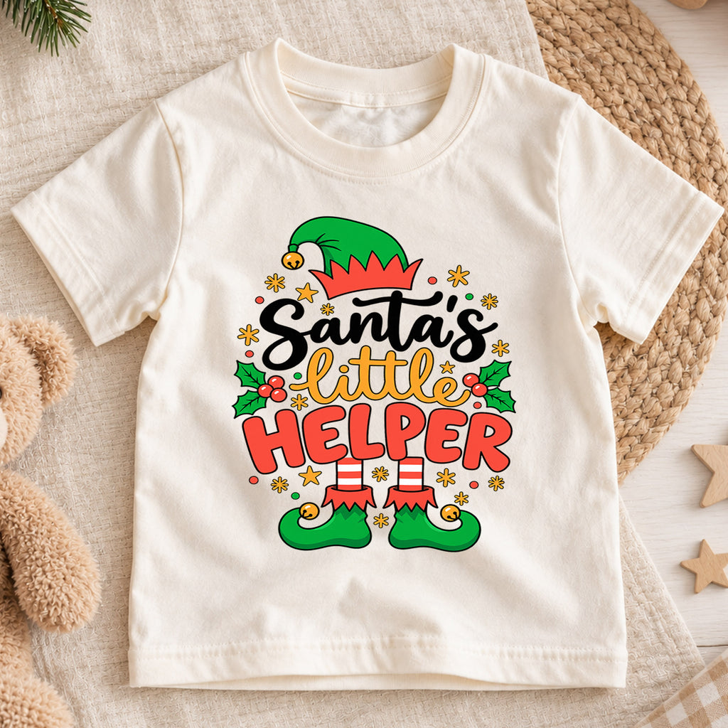 Santa's Little Helper Shirt, Cute Christmas Elf Kids T-Shirt, Elf Hat Shoes Toddler Tee, Festive Holiday Graphic Top, Xmas Kids Gift — product view 1