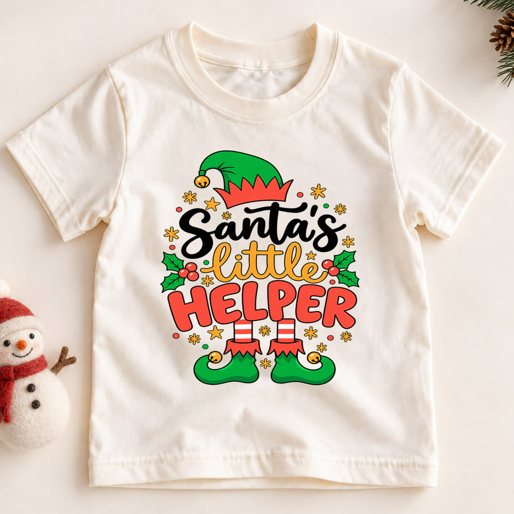 Santa's Little Helper Shirt, Cute Christmas Elf Kids T-Shirt, Elf Hat Shoes Toddler Tee, Festive Holiday Graphic Top, Xmas Kids Gift — product view 2
