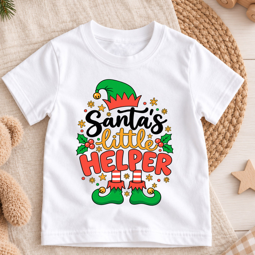 Santa's Little Helper Shirt, Cute Christmas Elf Kids T-Shirt, Elf Hat Shoes Toddler Tee, Festive Holiday Graphic Top, Xmas Kids Gift — product view 3