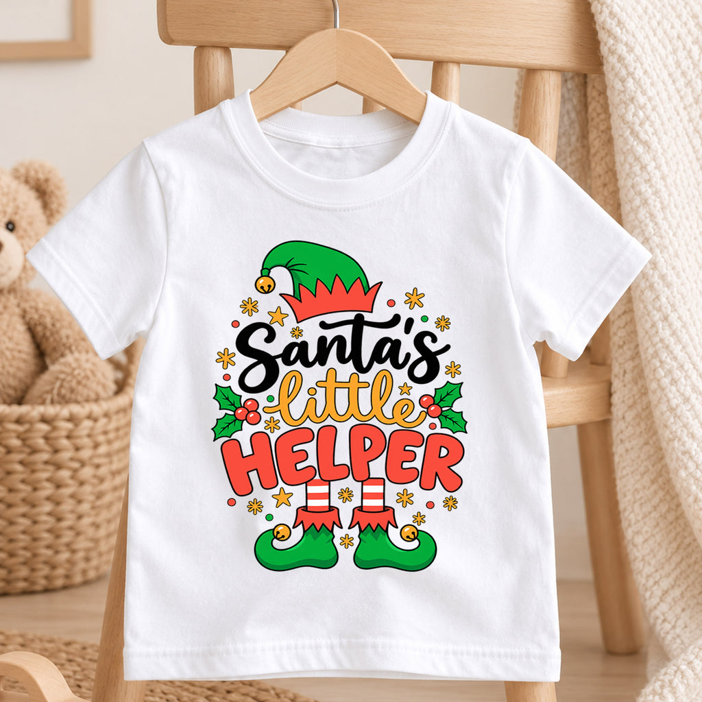 Santa's Little Helper Shirt, Cute Christmas Elf Kids T-Shirt, Elf Hat Shoes Toddler Tee, Festive Holiday Graphic Top, Xmas Kids Gift — product view 4