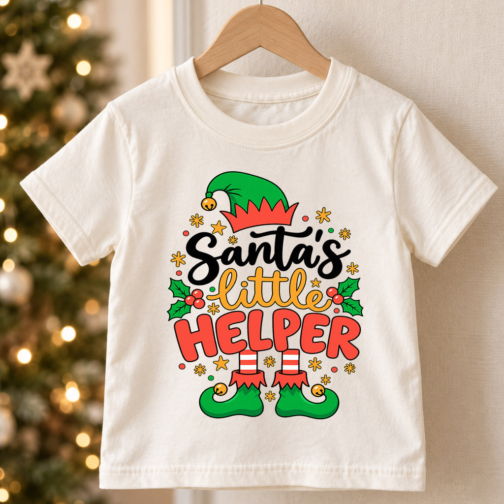 Santa's Little Helper Shirt, Cute Christmas Elf Kids T-Shirt, Elf Hat Shoes Toddler Tee, Festive Holiday Graphic Top, Xmas Kids Gift — product view 5