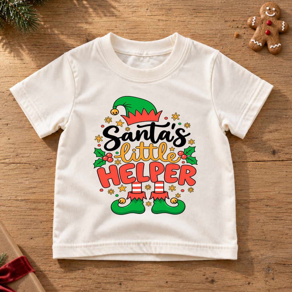 Santa's Little Helper Shirt, Cute Christmas Elf Kids T-Shirt, Elf Hat Shoes Toddler Tee, Festive Holiday Graphic Top, Xmas Kids Gift — product view 6