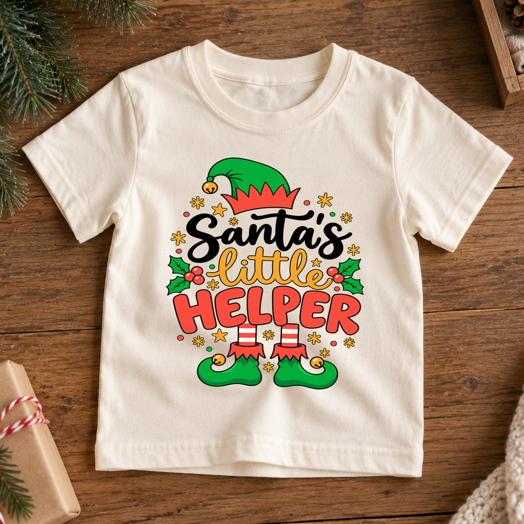 Santa's Little Helper Shirt, Cute Christmas Elf Kids T-Shirt, Elf Hat Shoes Toddler Tee, Festive Holiday Graphic Top, Xmas Kids Gift — product view 7