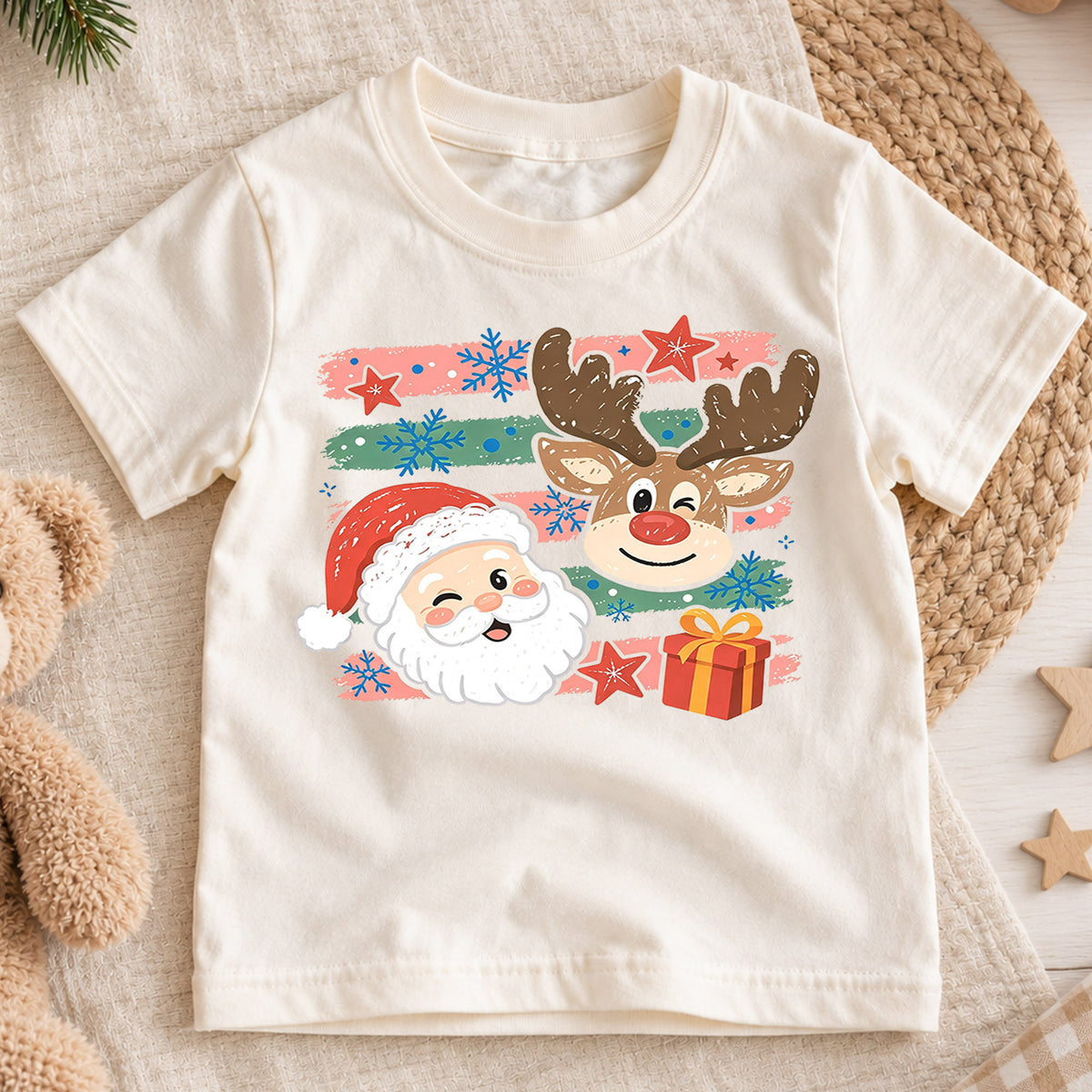 Cute Santa Reindeer Shirt, Winking Santa Claus Kids T-Shirt, Retro Striped Holiday Toddler Tee, Christmas Present Graphic Top, Xmas Gift — product view 1