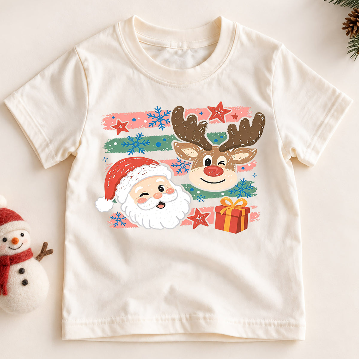 Cute Santa Reindeer Shirt, Winking Santa Claus Kids T-Shirt, Retro Striped Holiday Toddler Tee, Christmas Present Graphic Top, Xmas Gift — product view 2