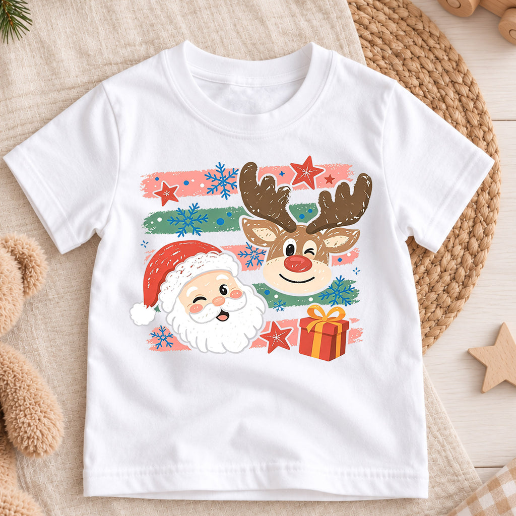 Cute Santa Reindeer Shirt, Winking Santa Claus Kids T-Shirt, Retro Striped Holiday Toddler Tee, Christmas Present Graphic Top, Xmas Gift — product view 3