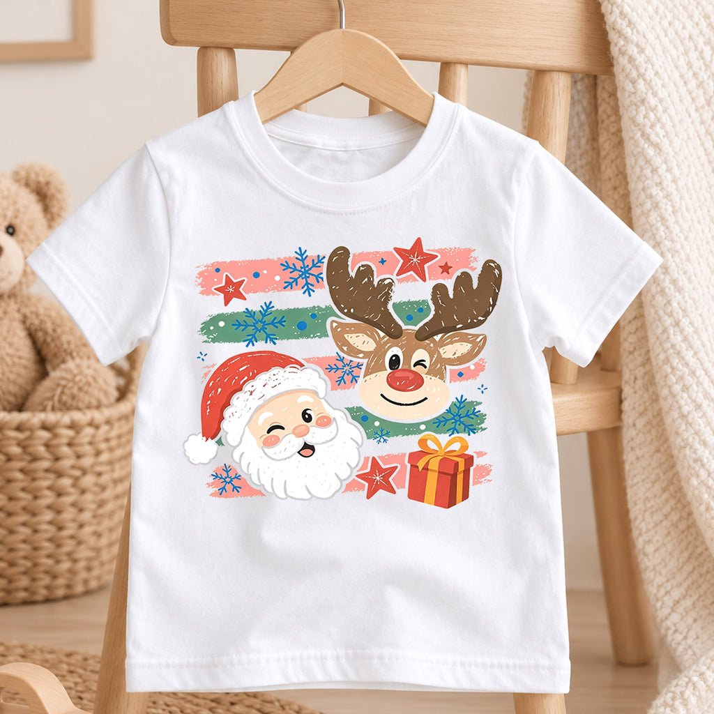 Cute Santa Reindeer Shirt, Winking Santa Claus Kids T-Shirt, Retro Striped Holiday Toddler Tee, Christmas Present Graphic Top, Xmas Gift — product view 4