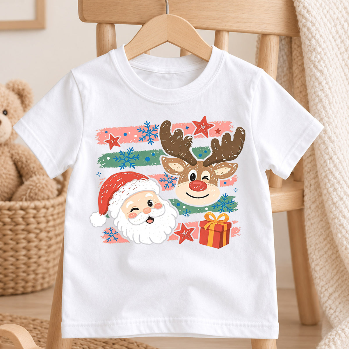 Cute Santa Reindeer Shirt, Winking Santa Claus Kids T-Shirt, Retro Striped Holiday Toddler Tee, Christmas Present Graphic Top, Xmas Gift — product view 4