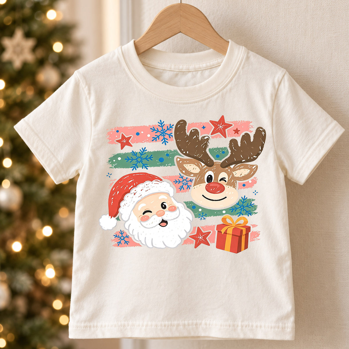 Cute Santa Reindeer Shirt, Winking Santa Claus Kids T-Shirt, Retro Striped Holiday Toddler Tee, Christmas Present Graphic Top, Xmas Gift — product view 5