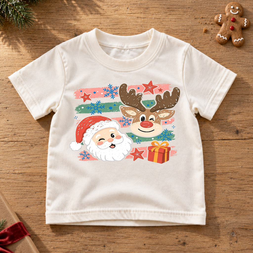 Cute Santa Reindeer Shirt, Winking Santa Claus Kids T-Shirt, Retro Striped Holiday Toddler Tee, Christmas Present Graphic Top, Xmas Gift — product view 6