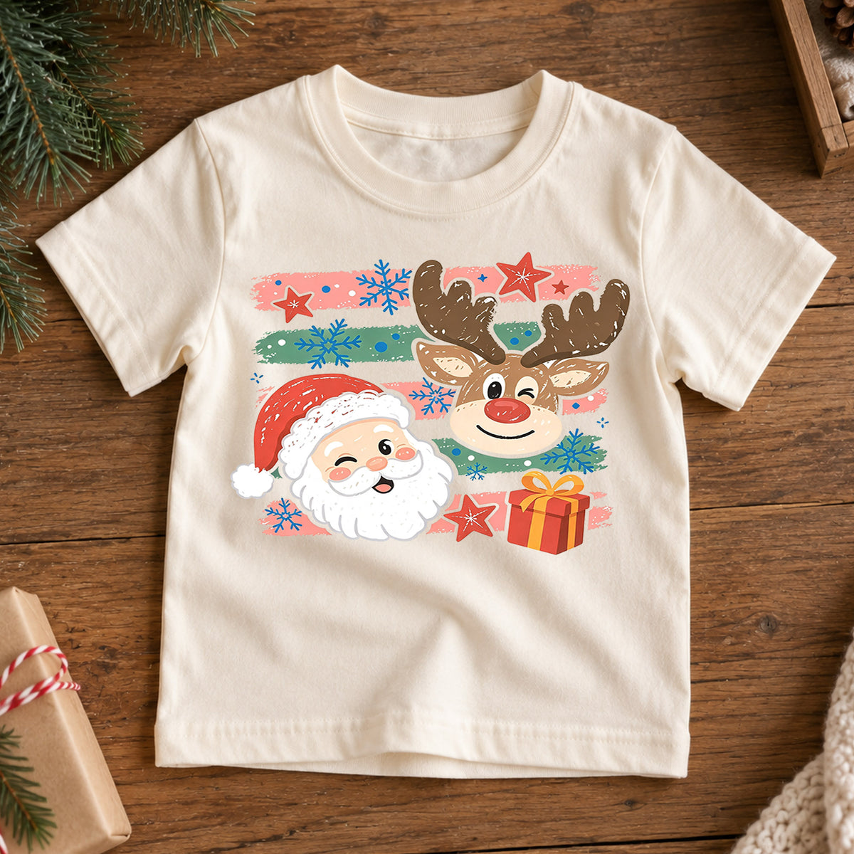 Cute Santa Reindeer Shirt, Winking Santa Claus Kids T-Shirt, Retro Striped Holiday Toddler Tee, Christmas Present Graphic Top, Xmas Gift — product view 7