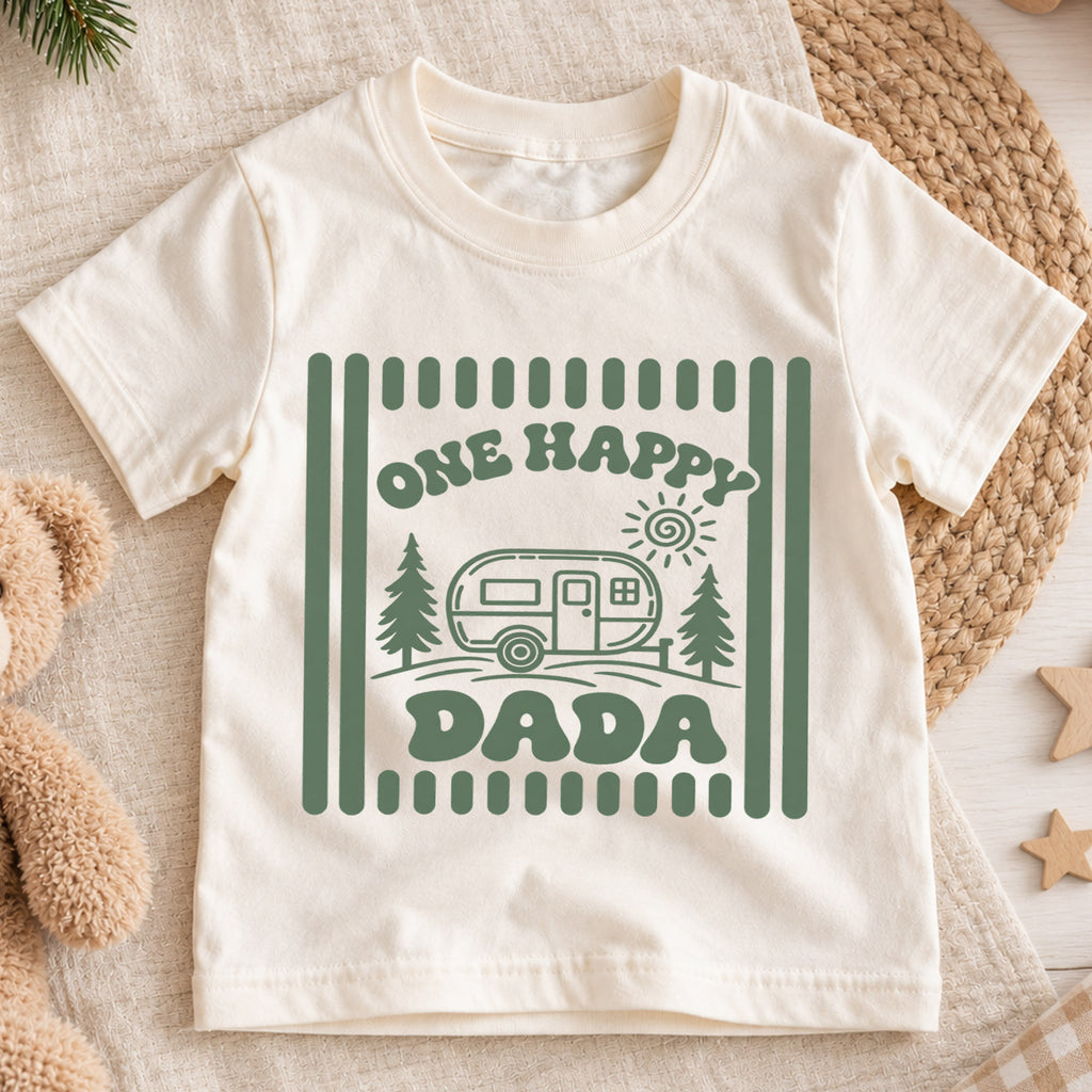 One Happy Dada Shirt, Camping Camper Toddler T-Shirt, Retro Nature Outdoors Kids Tee, Forest Trees Camping Graphic Top, Dad Toddler Gift — product view 1