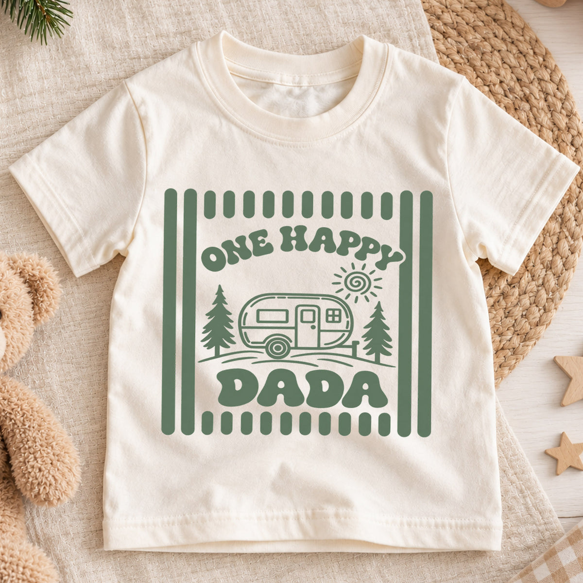 One Happy Dada Shirt, Camping Camper Toddler T-Shirt, Retro Nature Outdoors Kids Tee, Forest Trees Camping Graphic Top, Dad Toddler Gift — product view 1