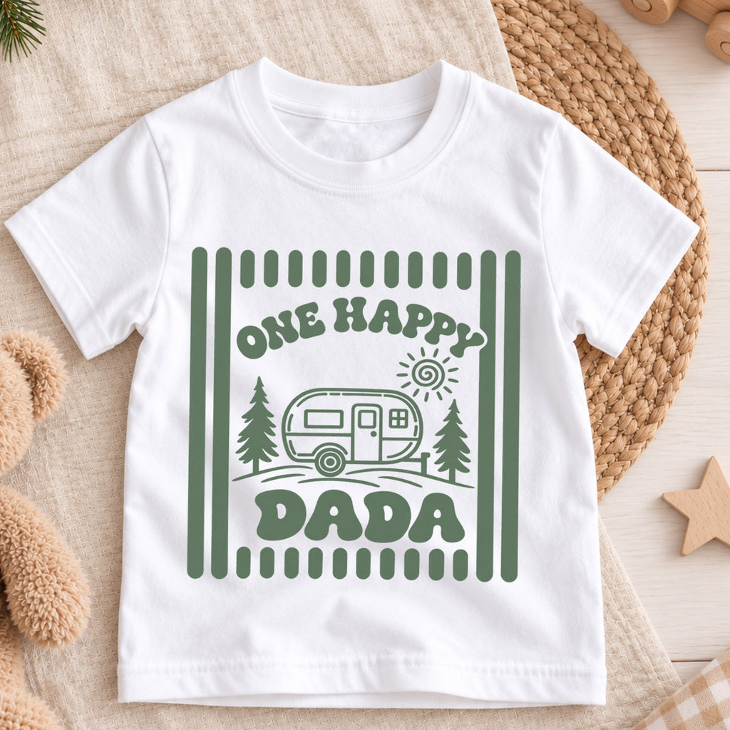 One Happy Dada Shirt, Camping Camper Toddler T-Shirt, Retro Nature Outdoors Kids Tee, Forest Trees Camping Graphic Top, Dad Toddler Gift — product view 3