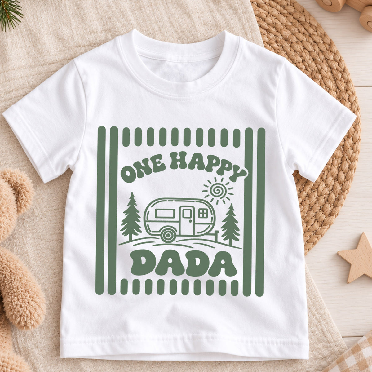 One Happy Dada Shirt, Camping Camper Toddler T-Shirt, Retro Nature Outdoors Kids Tee, Forest Trees Camping Graphic Top, Dad Toddler Gift — product view 3
