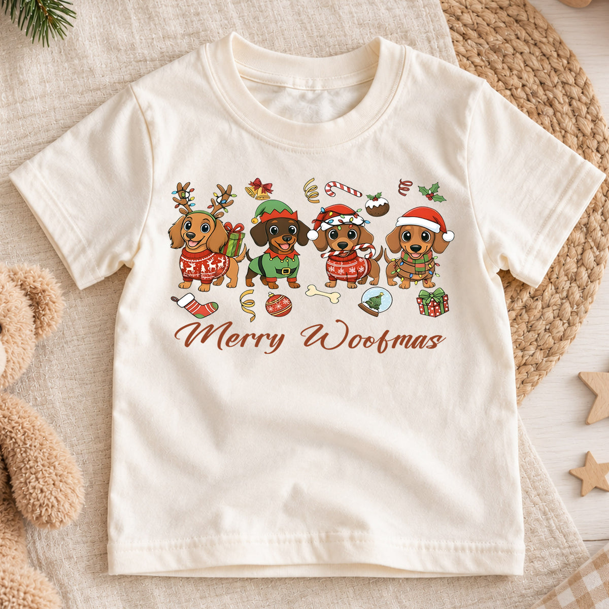 Merry Woofmas Dachshund Shirt, Cute Sausage Dogs Holiday Tee, Festive Winter Puppy Kids Top, Funny Dachshund Christmas Outfit, Gift — product view 1