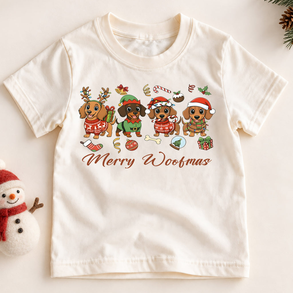 Merry Woofmas Dachshund Shirt, Cute Sausage Dogs Holiday Tee, Festive Winter Puppy Kids Top, Funny Dachshund Christmas Outfit, Gift — product view 2