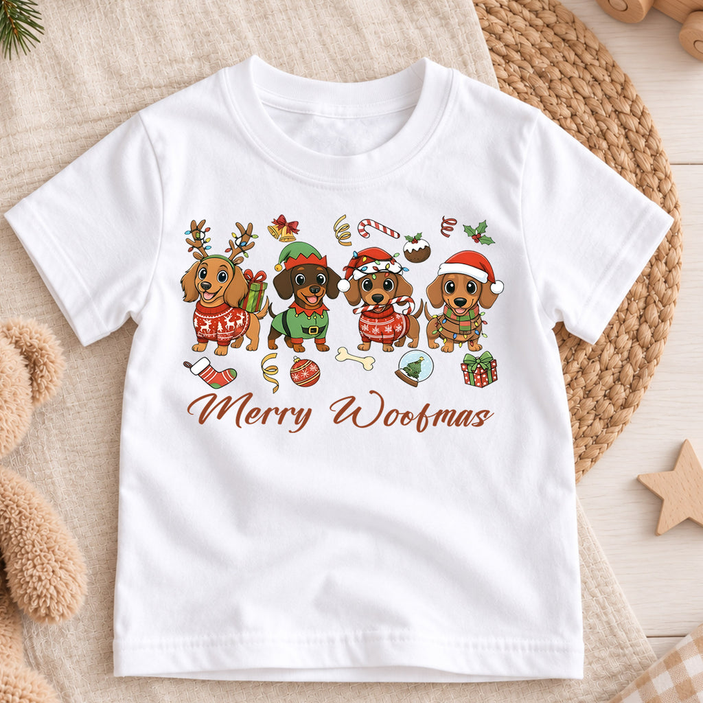 Merry Woofmas Dachshund Shirt, Cute Sausage Dogs Holiday Tee, Festive Winter Puppy Kids Top, Funny Dachshund Christmas Outfit, Gift — product view 3