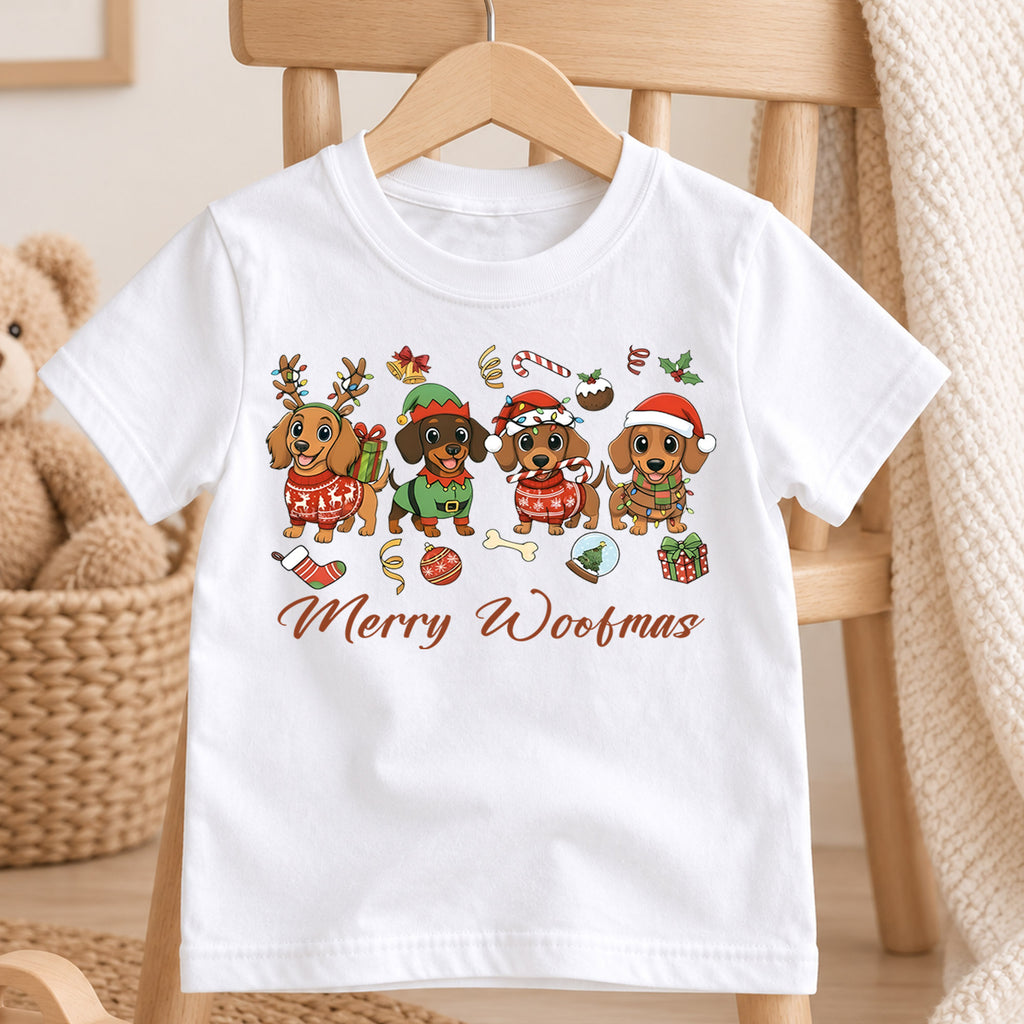Merry Woofmas Dachshund Shirt, Cute Sausage Dogs Holiday Tee, Festive Winter Puppy Kids Top, Funny Dachshund Christmas Outfit, Gift — product view 4