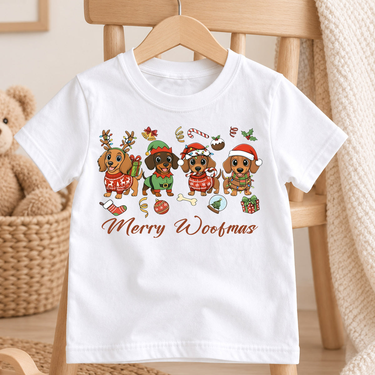 Merry Woofmas Dachshund Shirt, Cute Sausage Dogs Holiday Tee, Festive Winter Puppy Kids Top, Funny Dachshund Christmas Outfit, Gift — product view 4