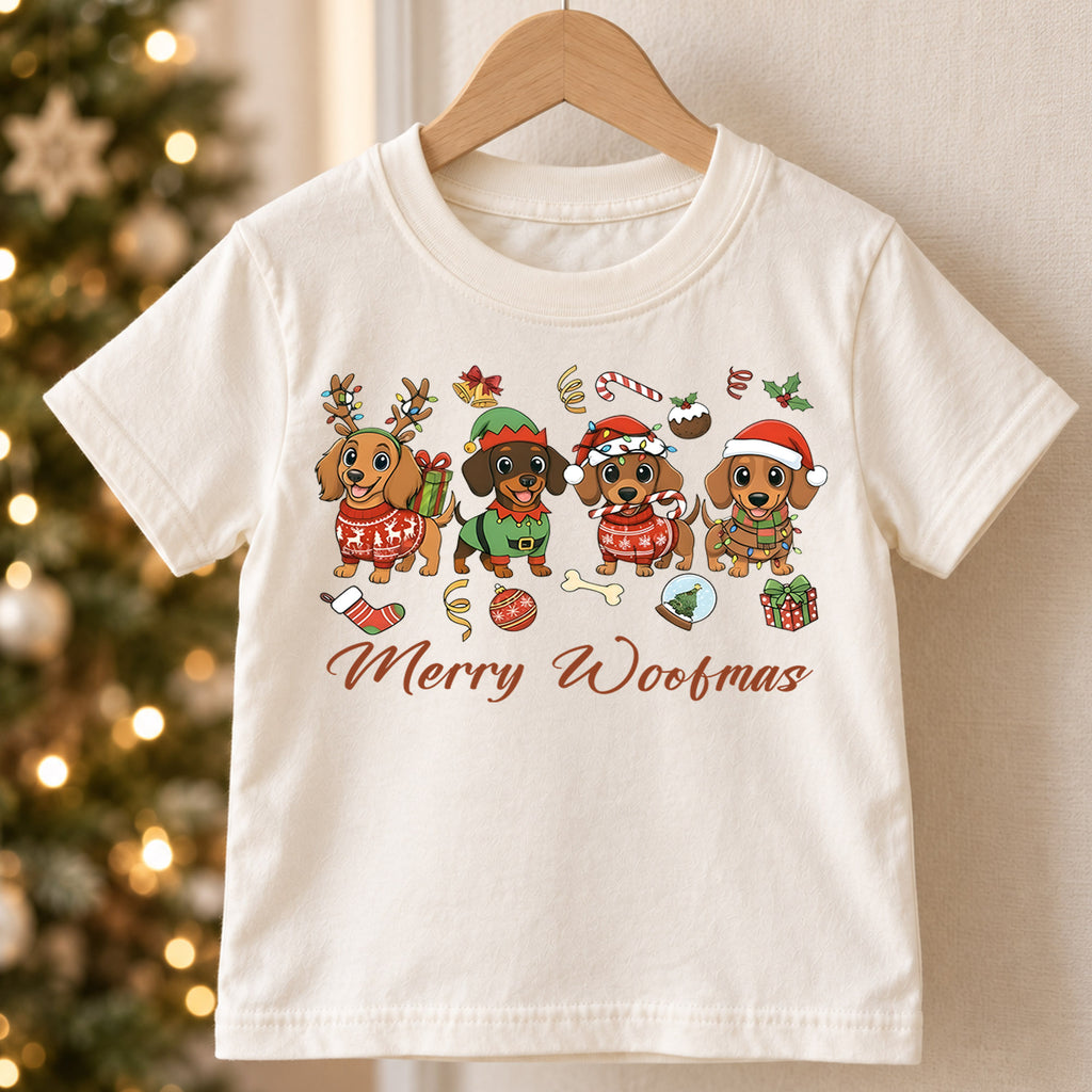 Merry Woofmas Dachshund Shirt, Cute Sausage Dogs Holiday Tee, Festive Winter Puppy Kids Top, Funny Dachshund Christmas Outfit, Gift — product view 5