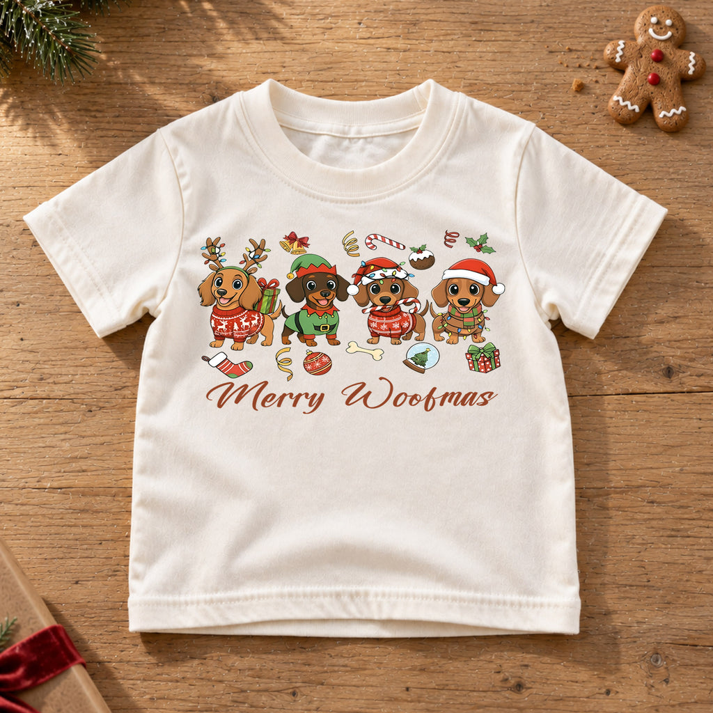 Merry Woofmas Dachshund Shirt, Cute Sausage Dogs Holiday Tee, Festive Winter Puppy Kids Top, Funny Dachshund Christmas Outfit, Gift — product view 6