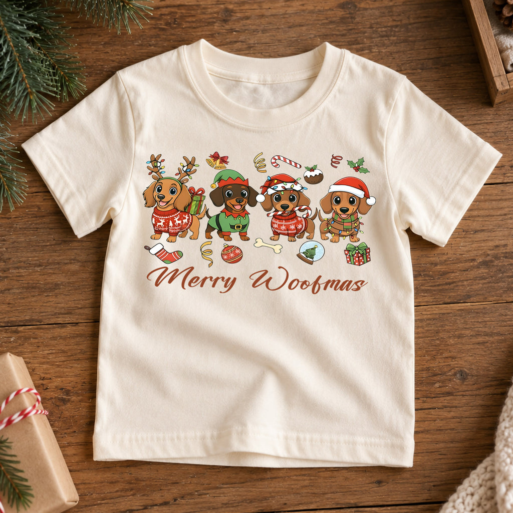 Merry Woofmas Dachshund Shirt, Cute Sausage Dogs Holiday Tee, Festive Winter Puppy Kids Top, Funny Dachshund Christmas Outfit, Gift — product view 7