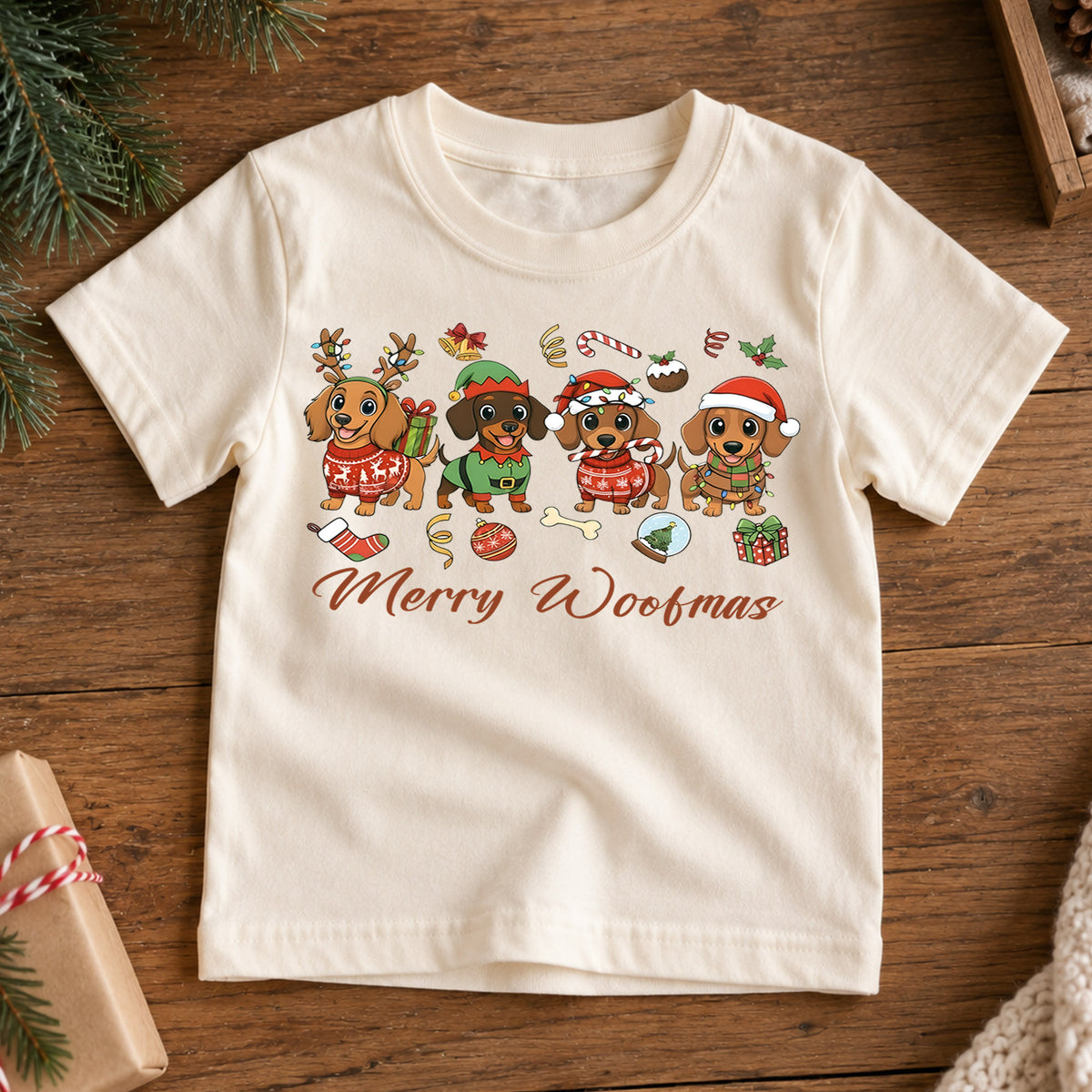 Merry Woofmas Dachshund Shirt, Cute Sausage Dogs Holiday Tee, Festive Winter Puppy Kids Top, Funny Dachshund Christmas Outfit, Gift — product view 7