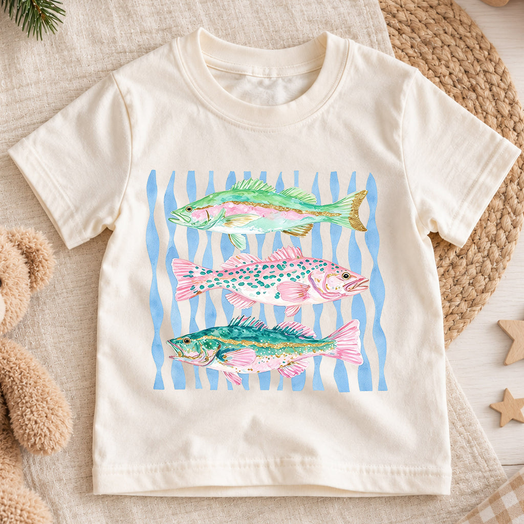 Watercolor Fish Shirt, Cute Bass Trout Kids T-Shirt, Colorful Fishing Toddler Tee, Nautical Waves Ocean Graphic Top, Little Fisherman Gift — product view 1