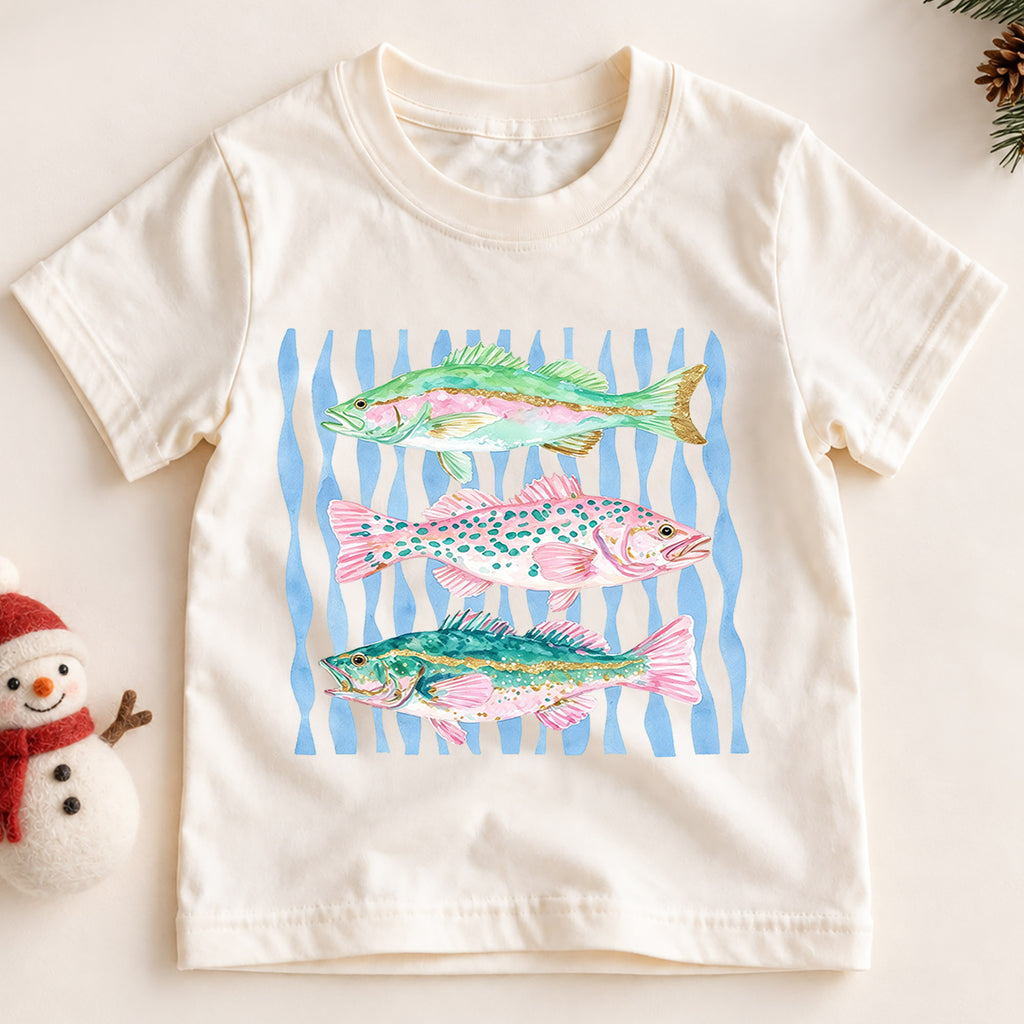 Watercolor Fish Shirt, Cute Bass Trout Kids T-Shirt, Colorful Fishing Toddler Tee, Nautical Waves Ocean Graphic Top, Little Fisherman Gift — product view 2