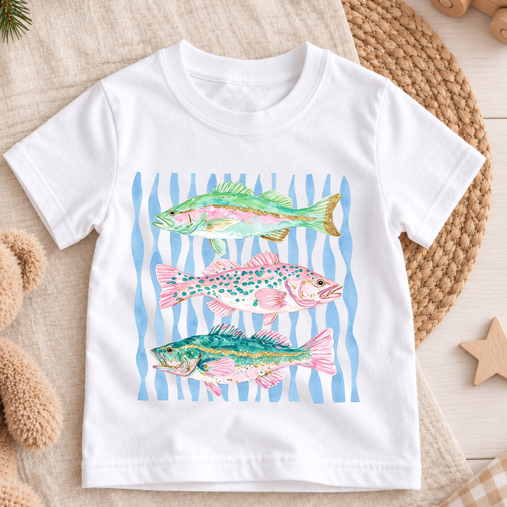 Watercolor Fish Shirt, Cute Bass Trout Kids T-Shirt, Colorful Fishing Toddler Tee, Nautical Waves Ocean Graphic Top, Little Fisherman Gift — product view 3