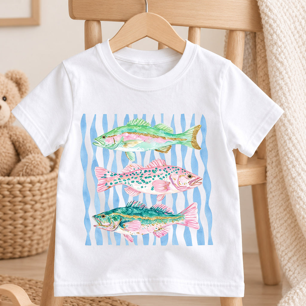 Watercolor Fish Shirt, Cute Bass Trout Kids T-Shirt, Colorful Fishing Toddler Tee, Nautical Waves Ocean Graphic Top, Little Fisherman Gift — product view 4