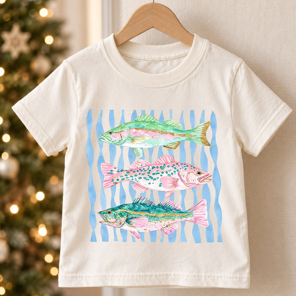 Watercolor Fish Shirt, Cute Bass Trout Kids T-Shirt, Colorful Fishing Toddler Tee, Nautical Waves Ocean Graphic Top, Little Fisherman Gift — product view 5