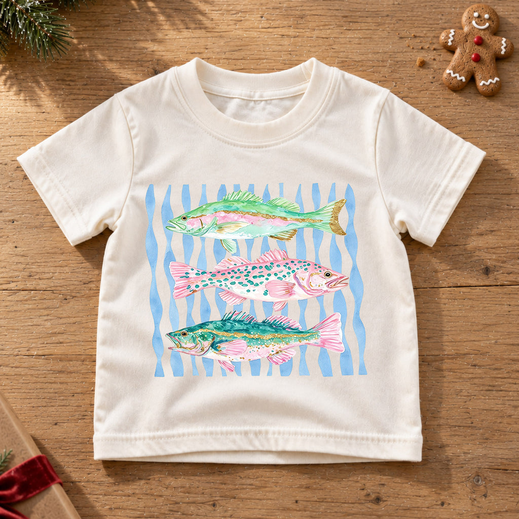 Watercolor Fish Shirt, Cute Bass Trout Kids T-Shirt, Colorful Fishing Toddler Tee, Nautical Waves Ocean Graphic Top, Little Fisherman Gift — product view 6