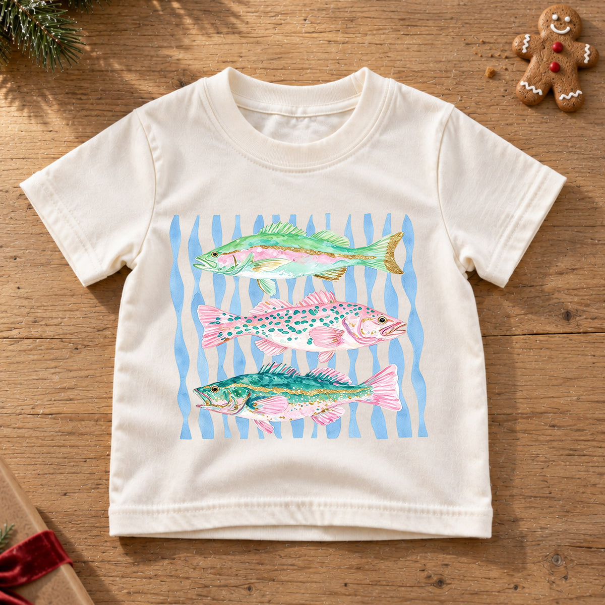 Watercolor Fish Shirt, Cute Bass Trout Kids T-Shirt, Colorful Fishing Toddler Tee, Nautical Waves Ocean Graphic Top, Little Fisherman Gift — product view 6