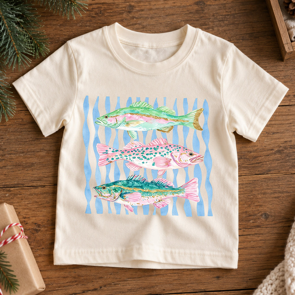 Watercolor Fish Shirt, Cute Bass Trout Kids T-Shirt, Colorful Fishing Toddler Tee, Nautical Waves Ocean Graphic Top, Little Fisherman Gift — product view 7