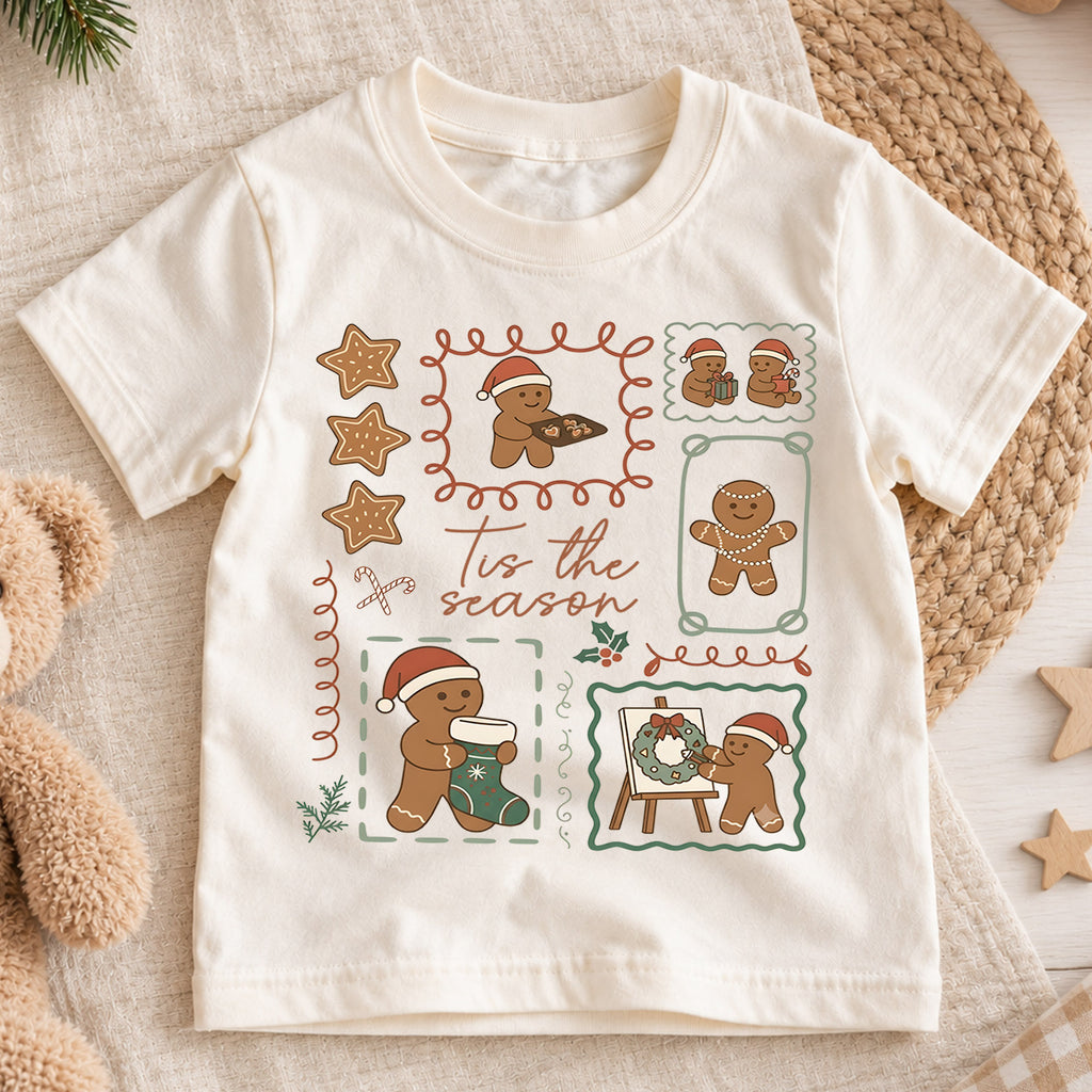 Vintage Gingerbread Stamps Shirt, Retro Holiday Cookie Tee, Festive Winter Icons Kids Top, Vintage Gingerbread Christmas Outfit, Gift — product view 1