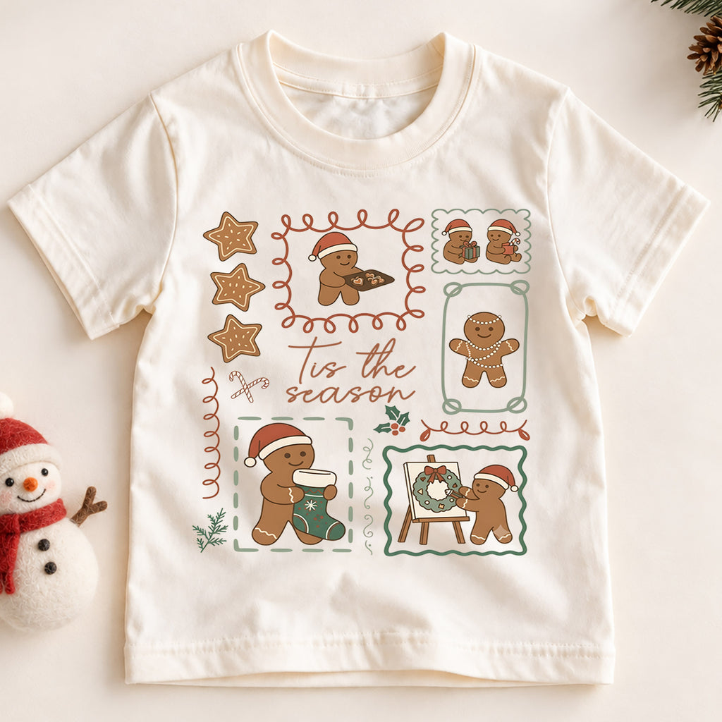 Vintage Gingerbread Stamps Shirt, Retro Holiday Cookie Tee, Festive Winter Icons Kids Top, Vintage Gingerbread Christmas Outfit, Gift — product view 2