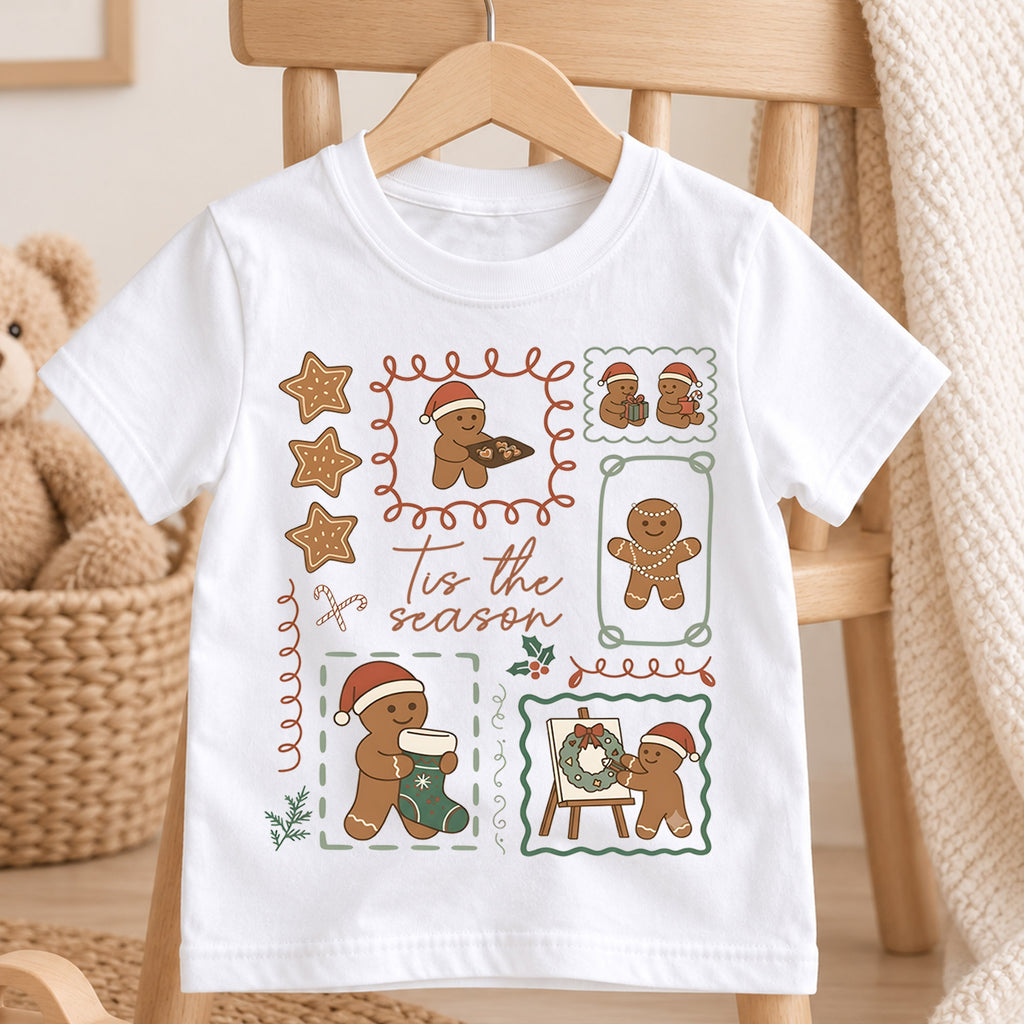 Vintage Gingerbread Stamps Shirt, Retro Holiday Cookie Tee, Festive Winter Icons Kids Top, Vintage Gingerbread Christmas Outfit, Gift — product view 4