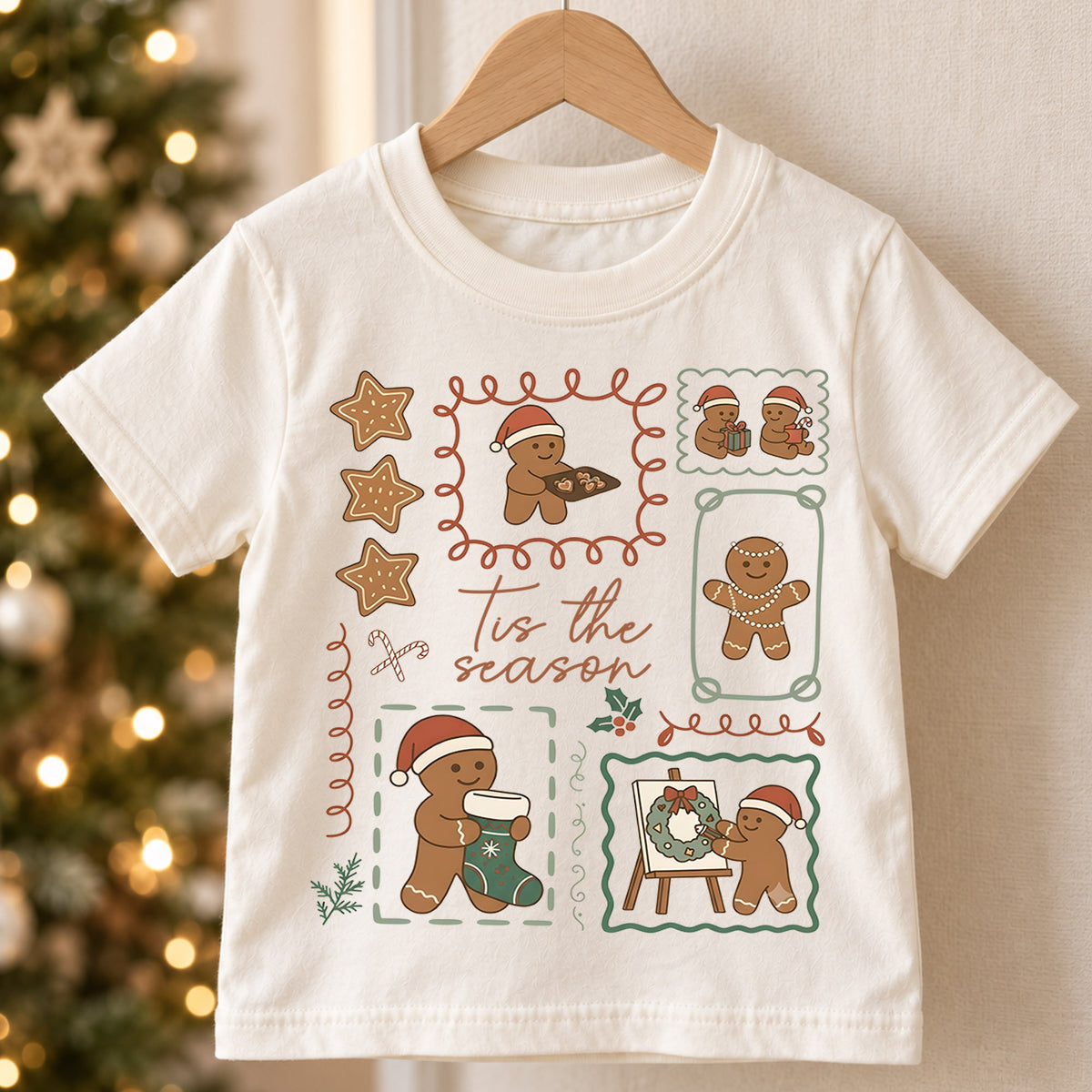 Vintage Gingerbread Stamps Shirt, Retro Holiday Cookie Tee, Festive Winter Icons Kids Top, Vintage Gingerbread Christmas Outfit, Gift — product view 5